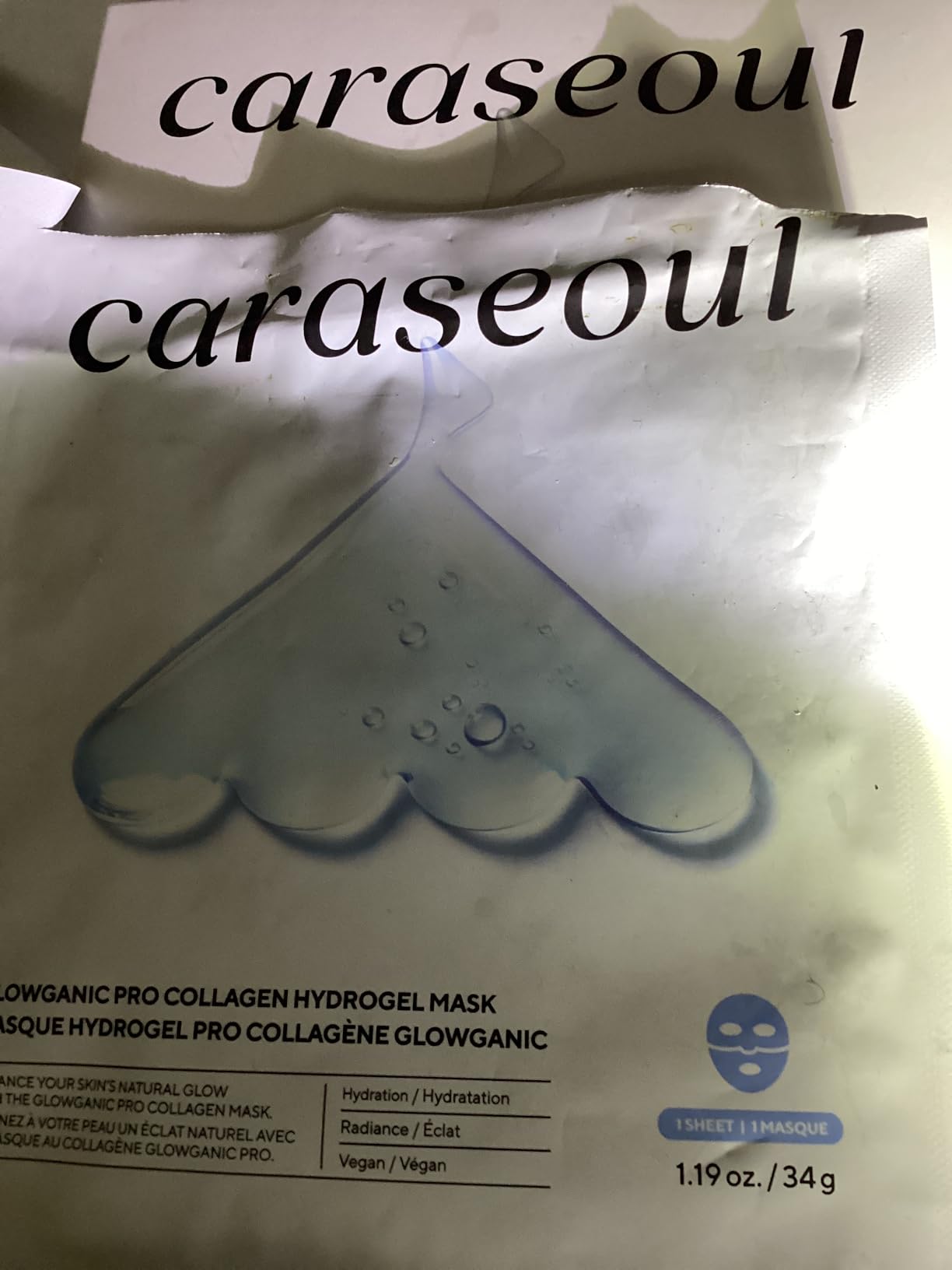 caraseoul Glowganic Pro Collagen Face Mask, Hydrogel Korean Face Mask with Niacinamide & Adenosin, Radiance Boost, Hydrating Overnight Sleep Mask, Vegan, Korean Skin Care [1.19oz (34g) x 4ea]