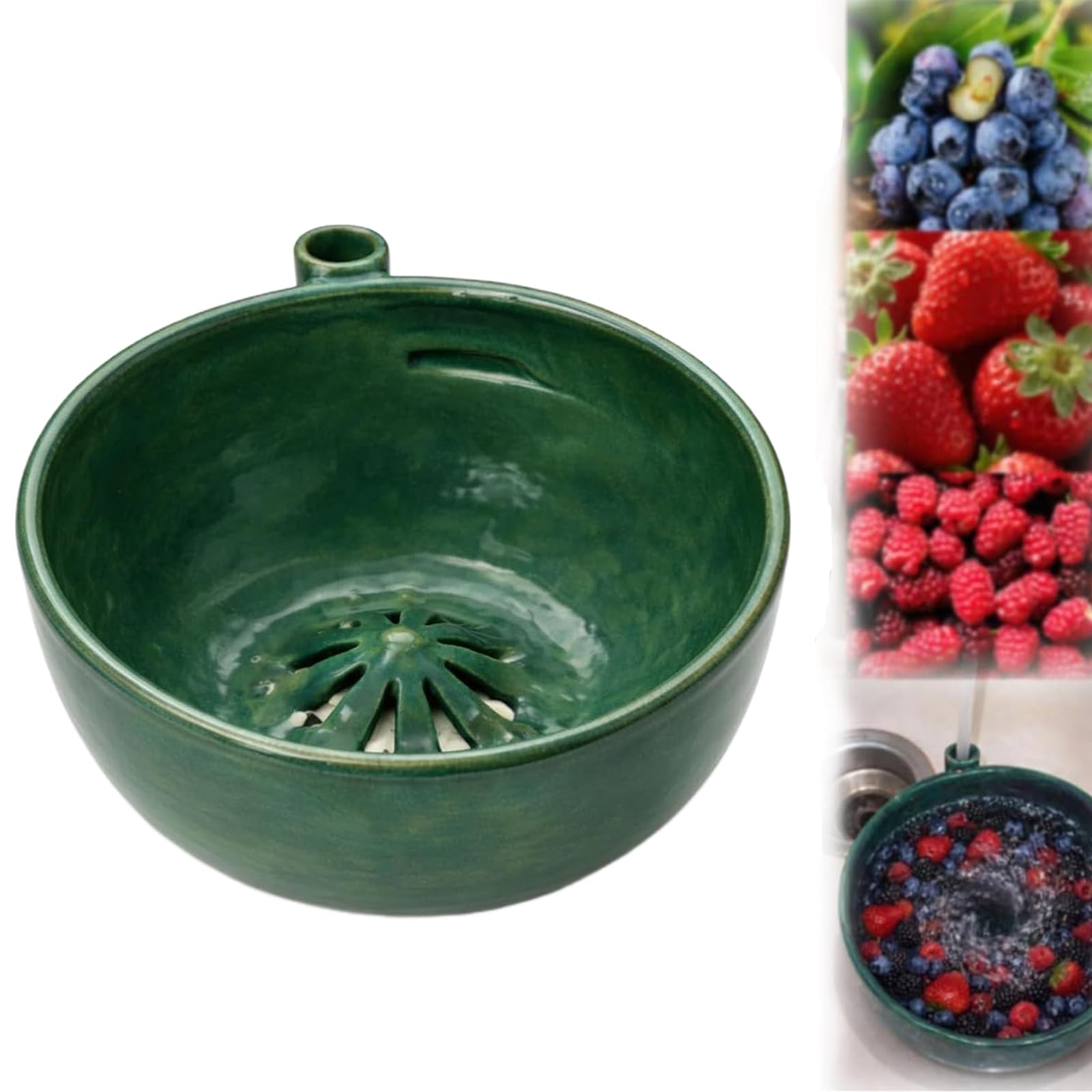 Berry Bowl, Self Spinning Berry Washing Bowl, Ceramic Fruit Washer Colander with Drain Holes, 360° Vortex Cleaning for Berries & Vegetables (1ps)
