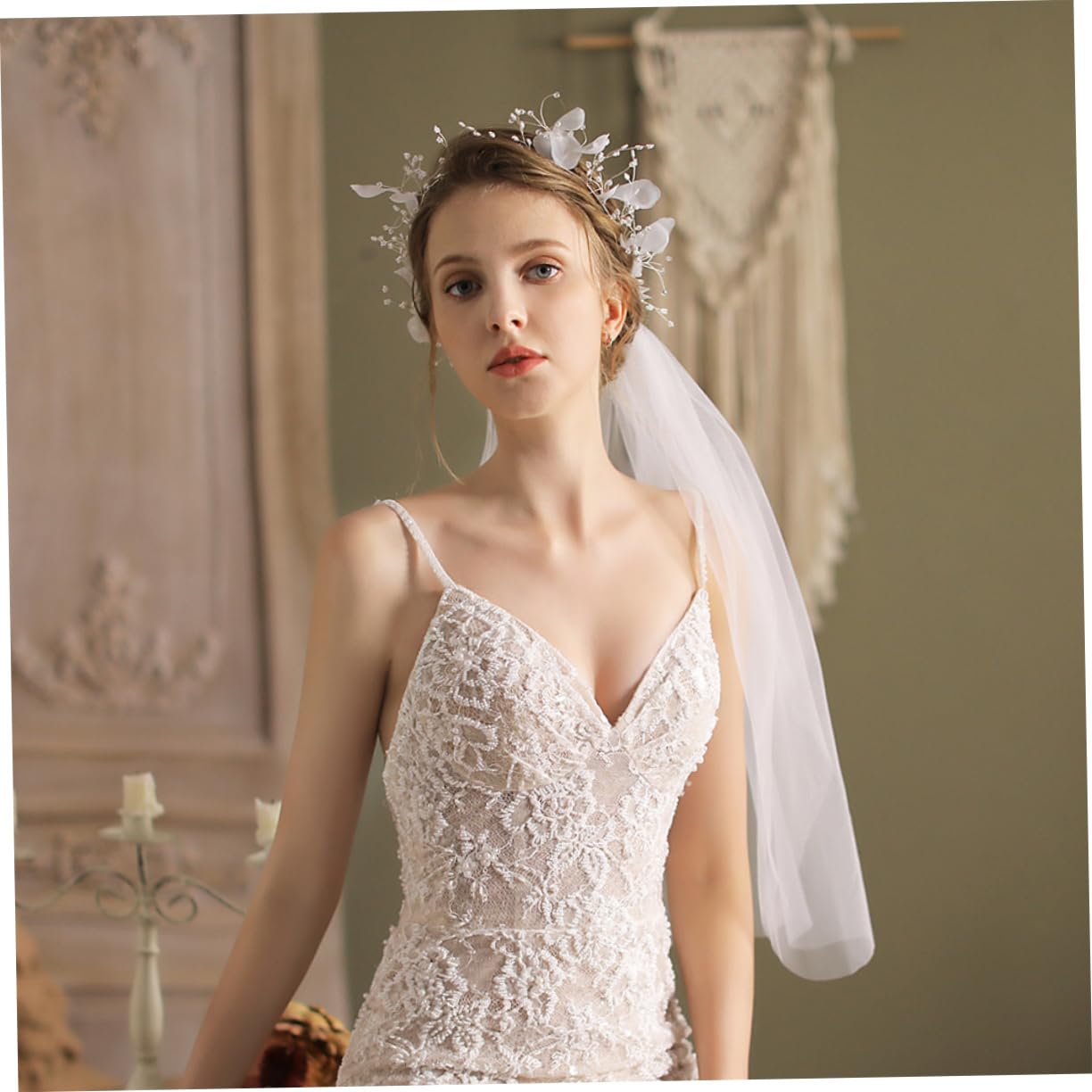 PACKOVE Brautschleier Zarter Schleier Eleganter aus Gauze mit Perlenkranz in Weiß für Brautstil bei Hochzeit für Hochzeitsfotos und Festliche Anlässe