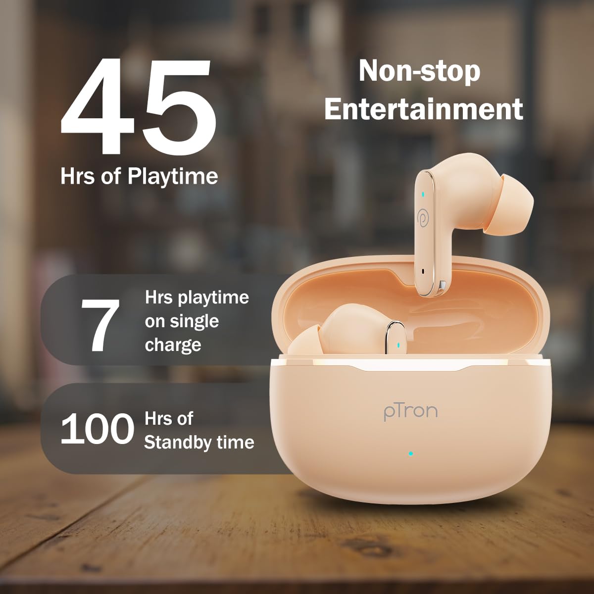 pTron Bassbuds Eon in-Ear TWS Earbuds w/ 13mm Drivers, 45Hrs Playtime, Dual HD Mic & TruTalk AI-ENC Calls, Custom EQ,Mobile App, Bluetooth v6.0 Headphones,Voice Assist., Type C Charging & IPX5 (Peach) — Amazon image 4