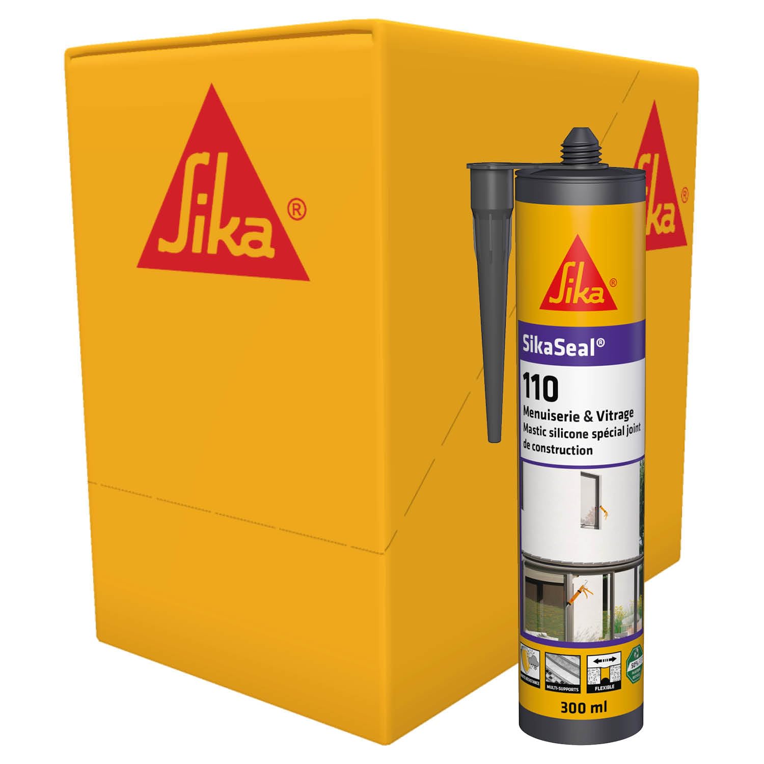 SIKA - Mastic - SikaSeal-110 Menuiserie & Vitrage - Noir - Carton 12x300ml | Silicone de construction - Joints de menuiserie et vitrage - Extérieur/intérieur