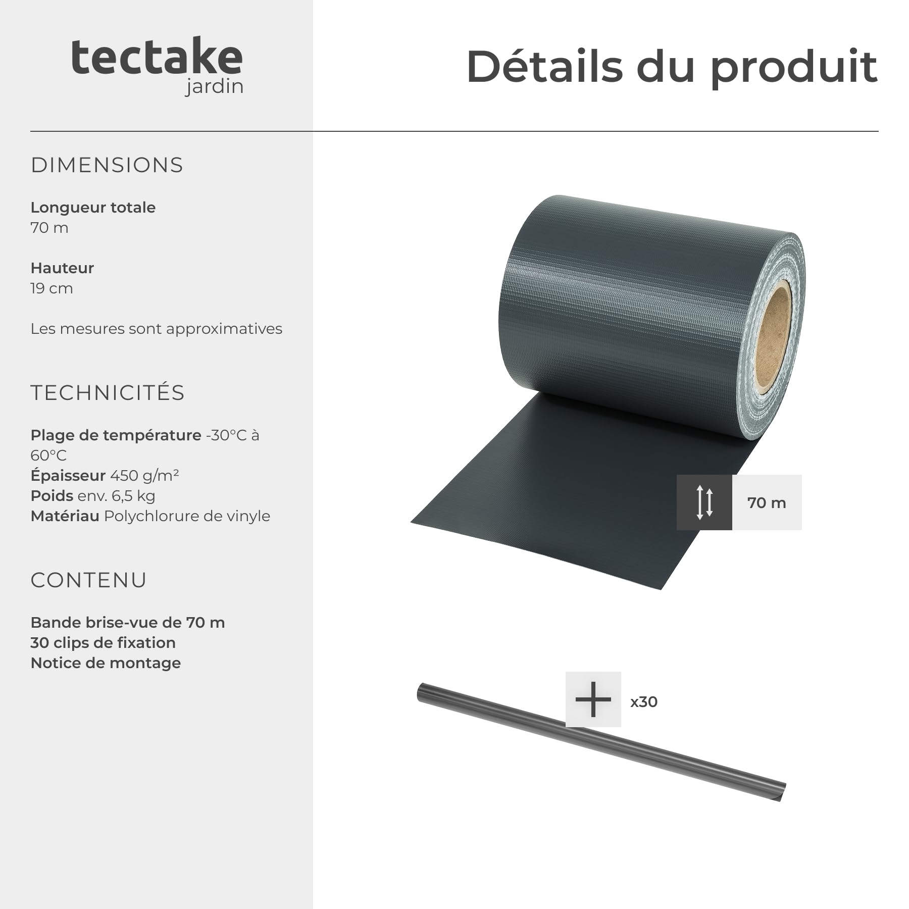 Tectake Brise Vue Jardin PVC Grillage Cloture Paravent Exterieur Pare Soleil Protection UV Occultant Rouleau 70 m x 19 cm Gris Anthracite