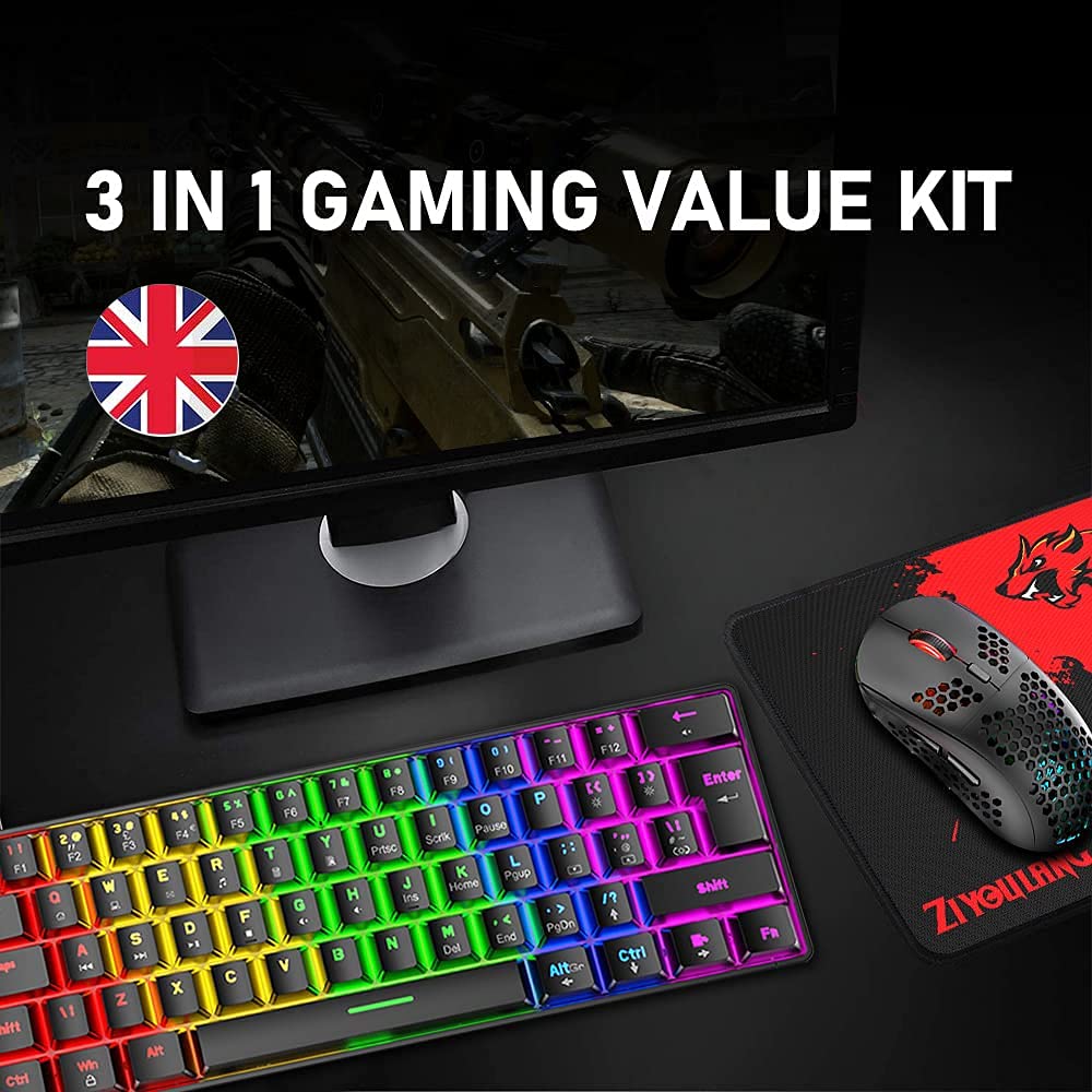 Combo De Teclado Y Ratón para Juegos con Cable-Interruptor Negro,Azul | 60% Distribución UK，Interruptor Azul, Mini De 62 Teclas, Retroiluminación Arcoíris, Anti-Ghosting Completo, 6400 DPI 6 RGB