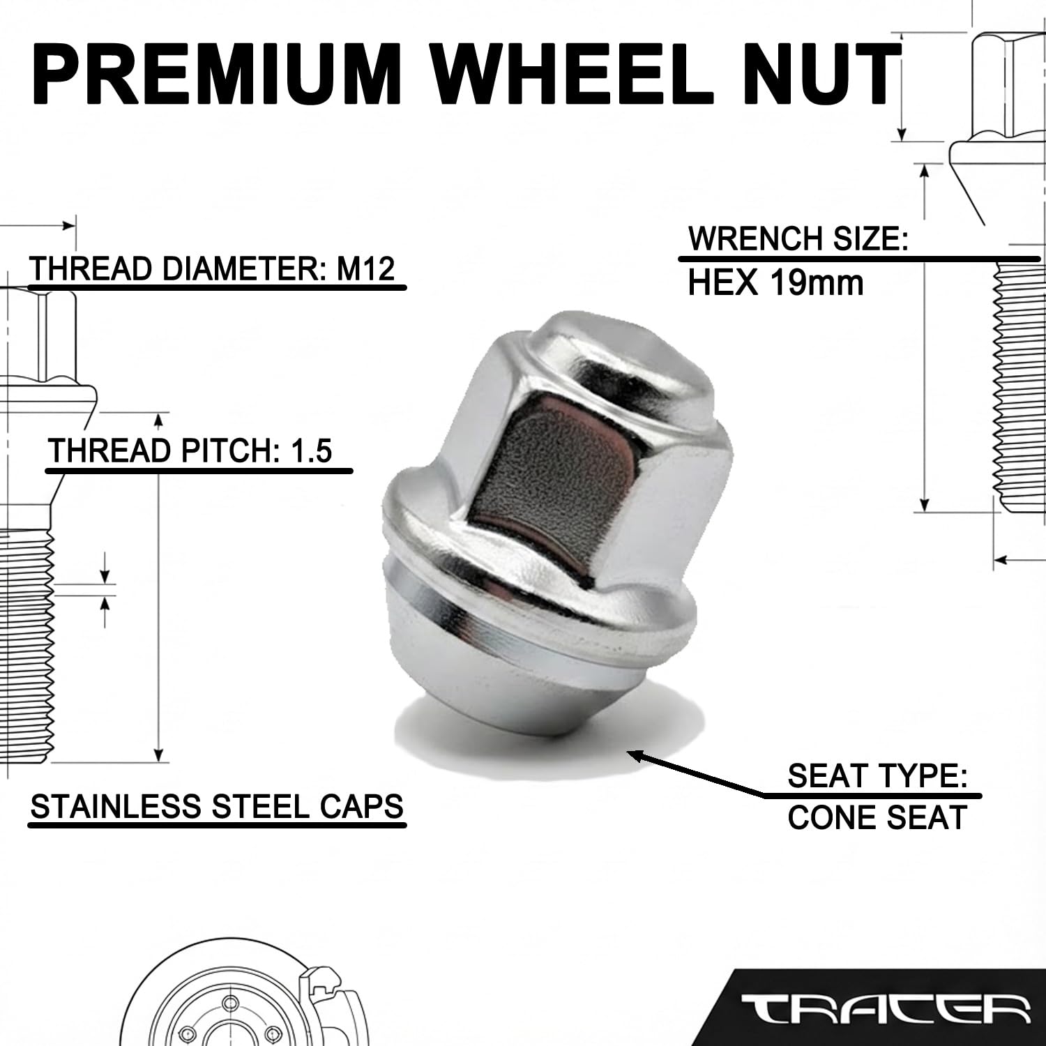 Set dadi per ruota M12 x 1,5 60° chiusi SW 19 mm altezza 31 mm cromato acciaio inox conici cerchioni alluminio