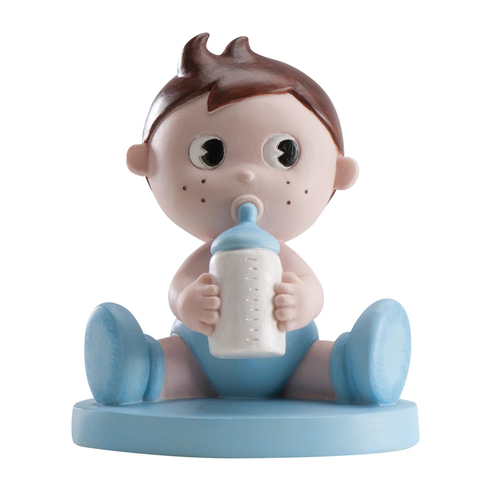 dekora- Figura de Decoracion Bautizo Niño, Bebé con biberón, 10 cm, Elaborada en Resina, Adorno para Tartas de Bautizo y Baby Shower Diseño Original y Detallado - Apto para Contacto Alimentario