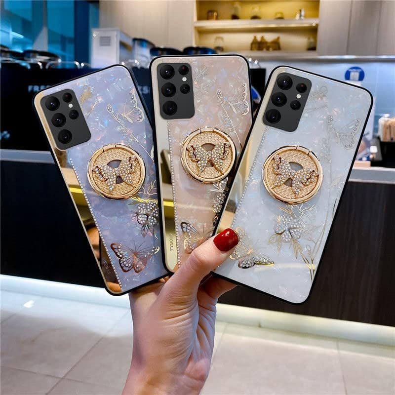 Miniatura 5 de Funda para Galaxy A14 5G con función atril, bonita carcasa de mármol con mariposa floral con espejo de soporte, elegante funda protectora a prueba