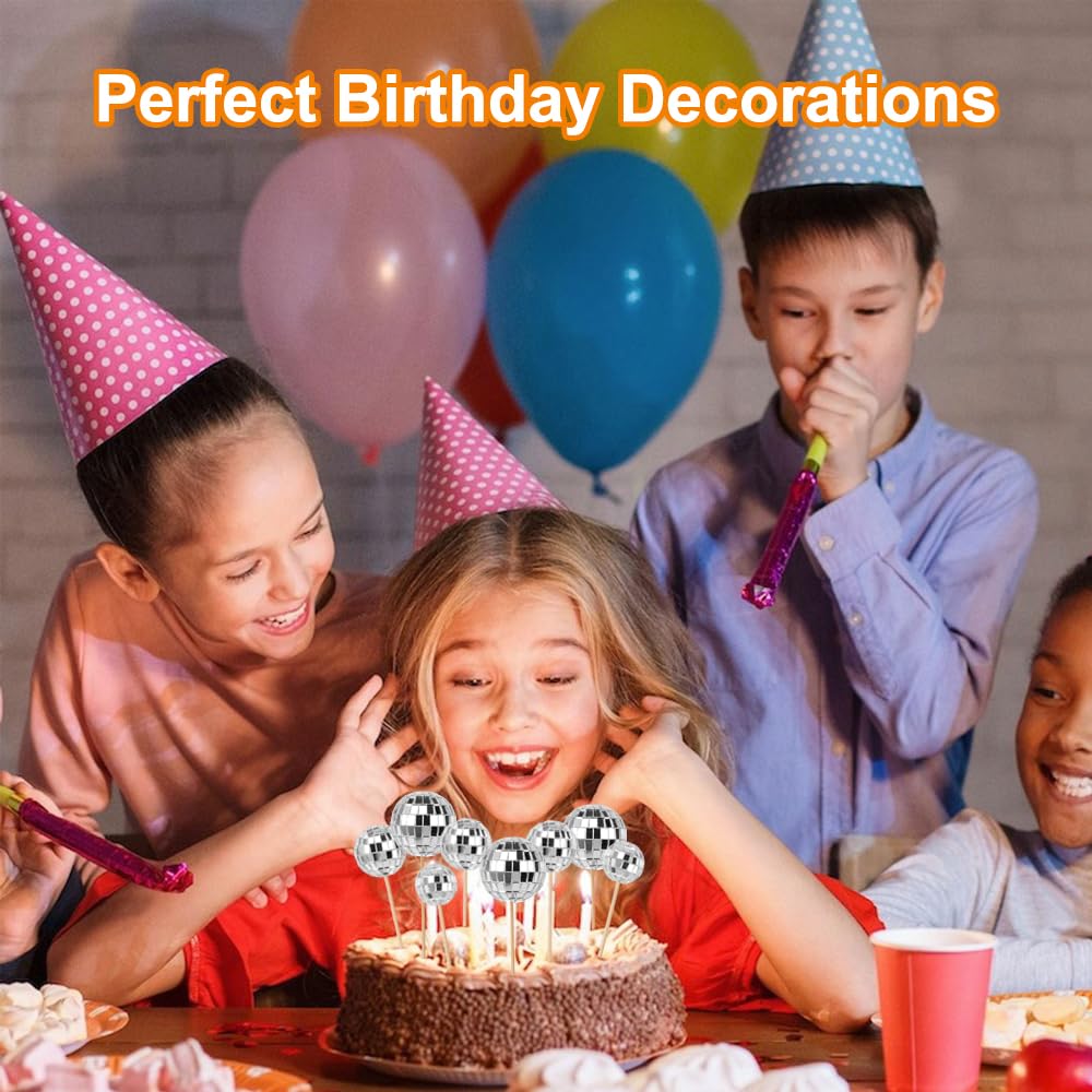 Bewudy 11 Stuks Discobol Taarttoppers - Zilveren Taartdecoratie, Spiegelbol in 6 Maten voor Feestaccessoires, Taart, Dessert en Decoratie