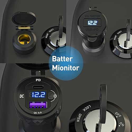 Miniatura 5 de Cllena DIN Hella Plug a USB C PD 3.0 y QC 3.0 Cargador USB Adaptador de corriente con voltímetro e interruptor de encendido y apagado para