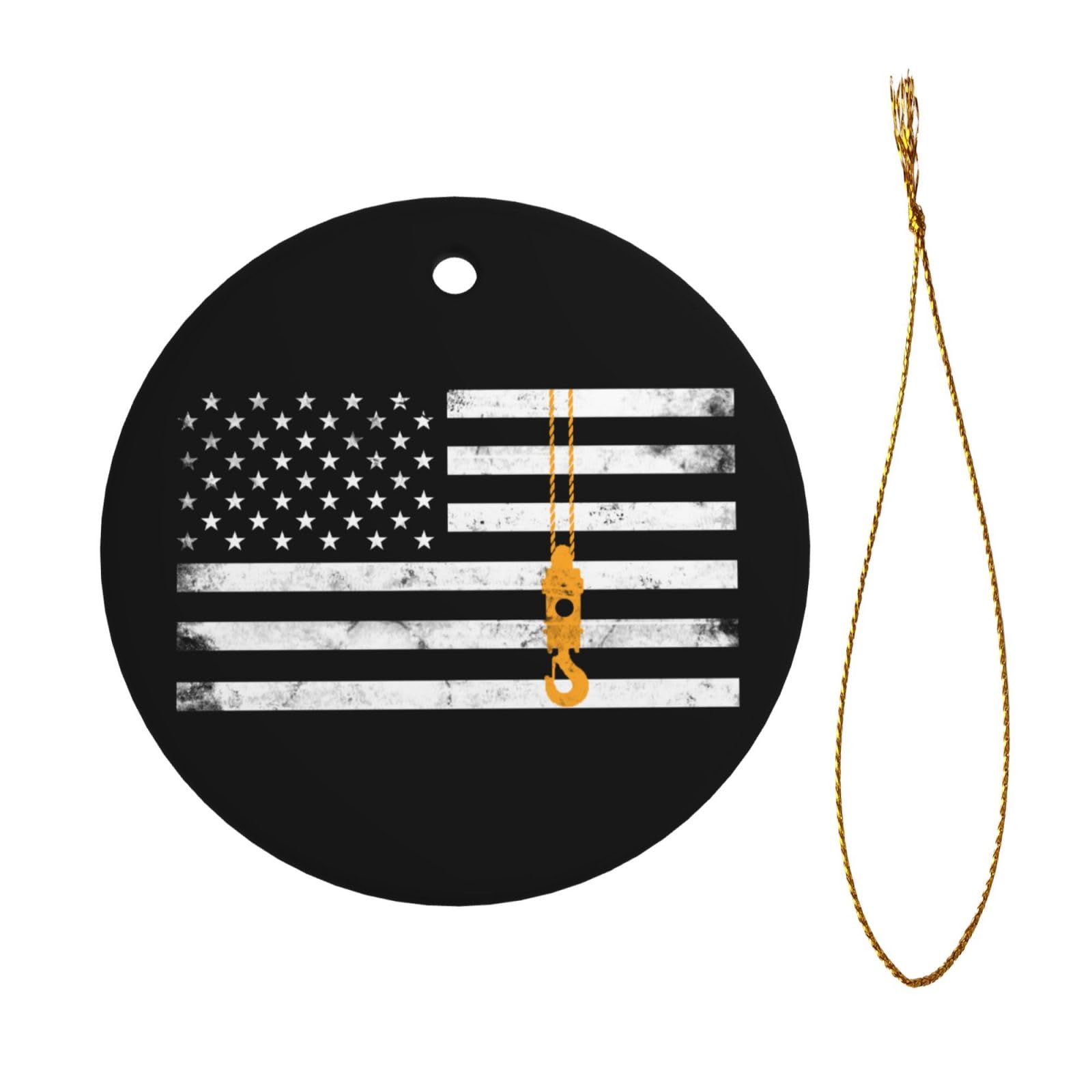 Joisbs Holiday Ceramic Ornament, Lifting Hook Thin American Flag Crane Operator, Double-Sided Round Pendant, Ideal Christmas Decoration
