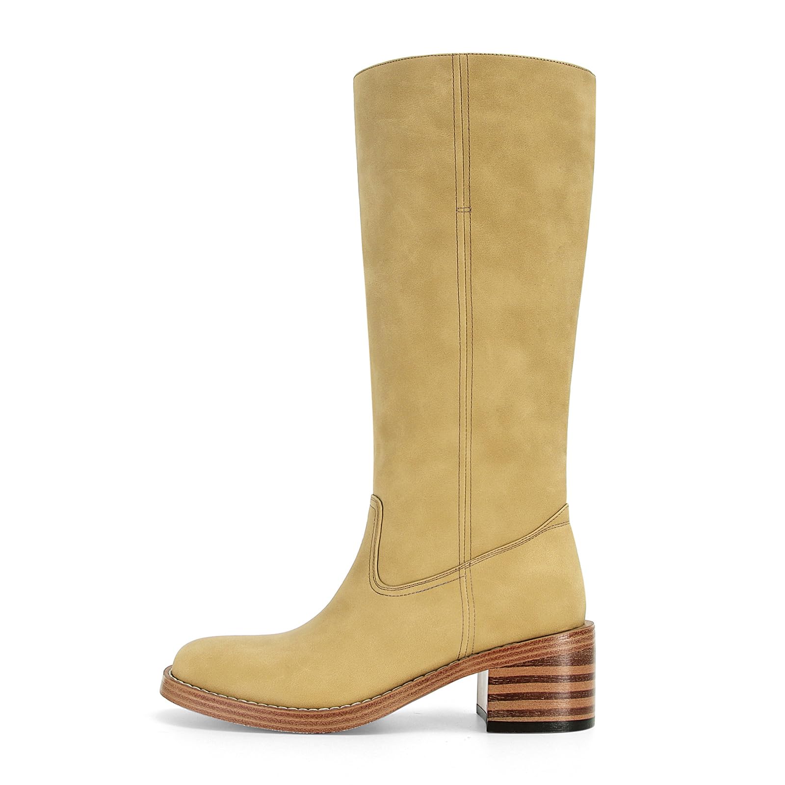 DOEYG Womens Banana Knee High Boots Square Toe Chunky Block Heel Tall Boots Wide Calf Fashion Comfortable Casual