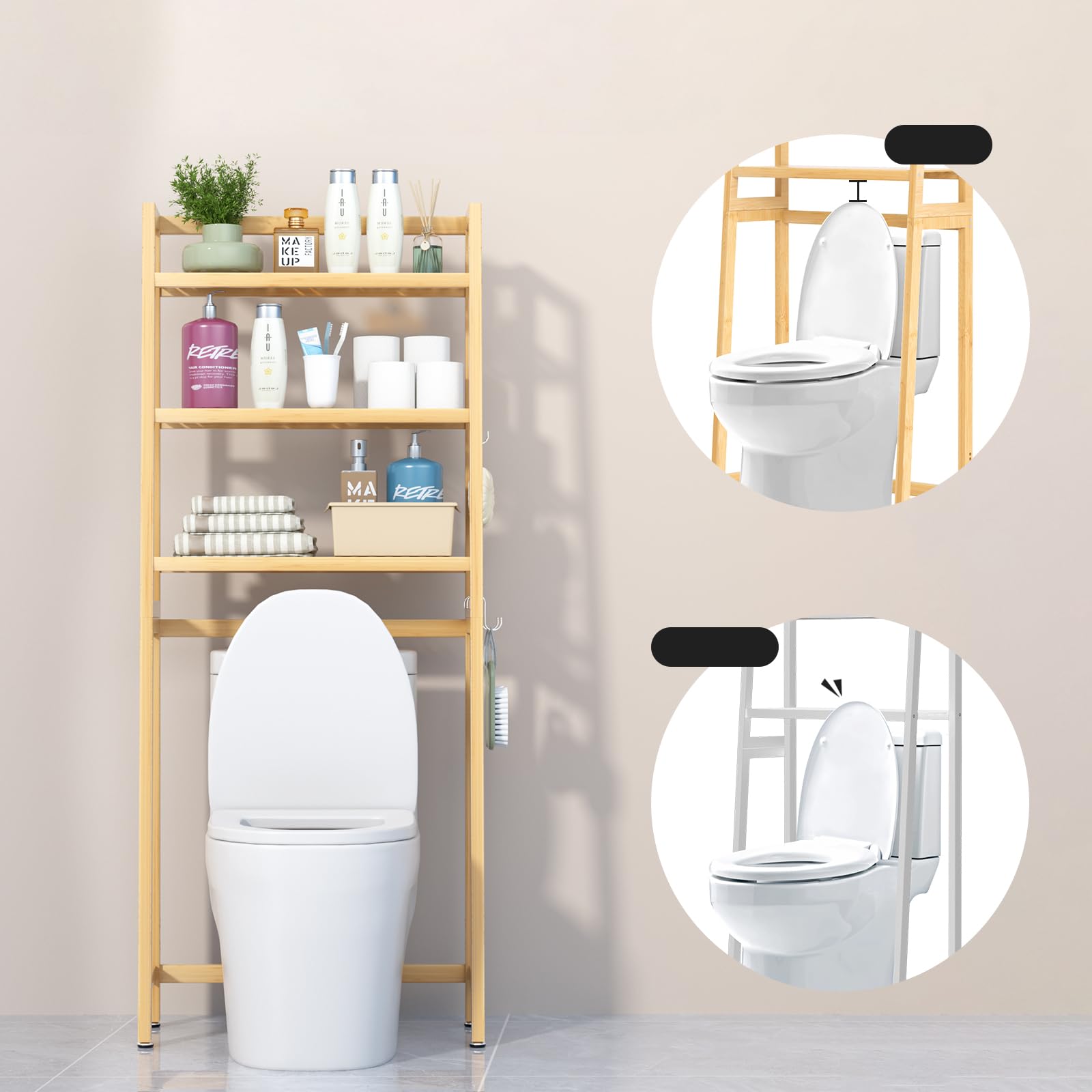 VASMIA Estante de Almacenamiento para baño, Organizador de bambú sobre el Inodoro, Ahorro de Espacio para Inodoro Independiente con estantes Ajustables de 3 Niveles, Natural