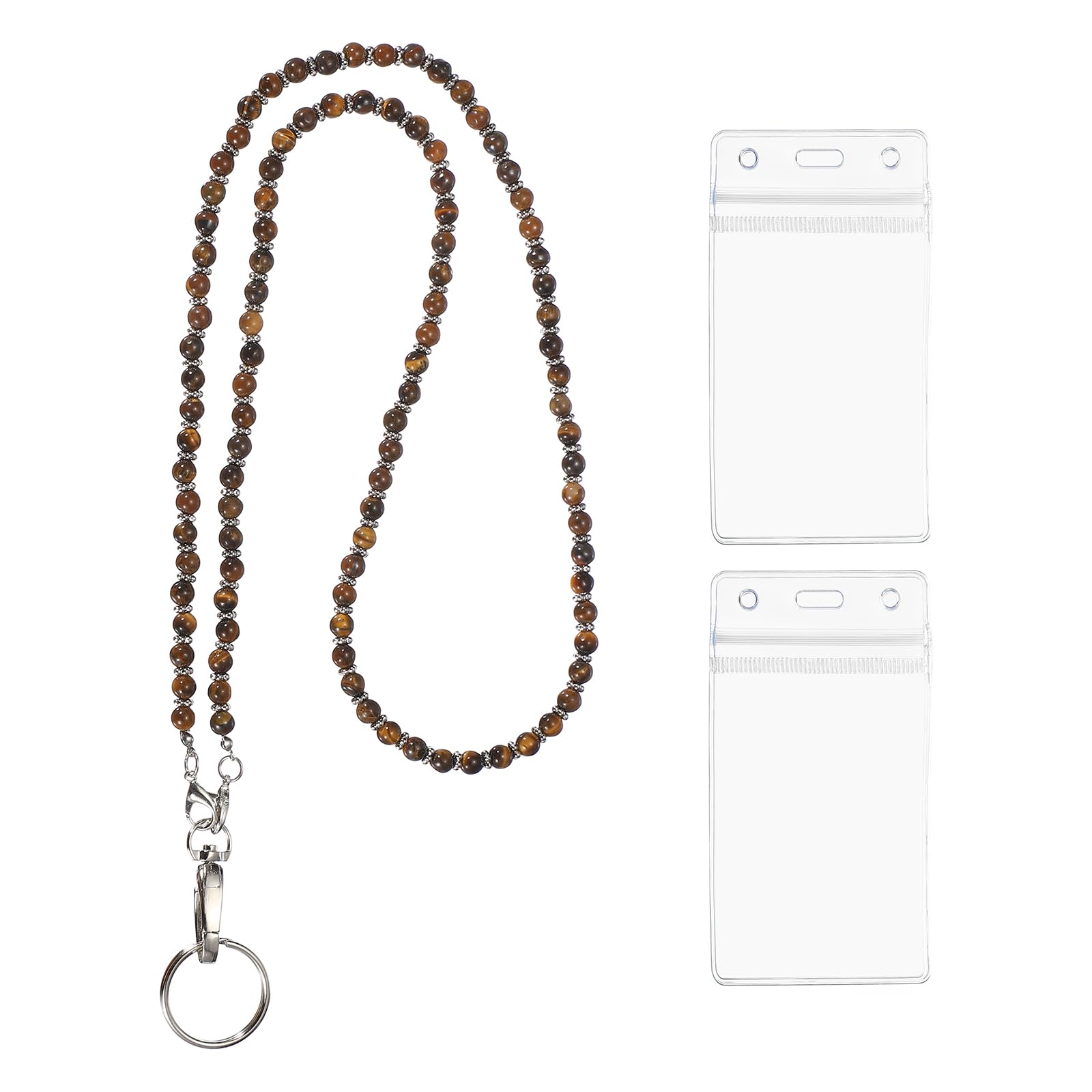 PATIKIL Beaded Lanyards for ID Badges, Cute Gemstone Beaded Keychain Necklace Lanyard with 2 Vertical Badge Holders for Women Teacher Gift Keys Chain Cards, Coffee