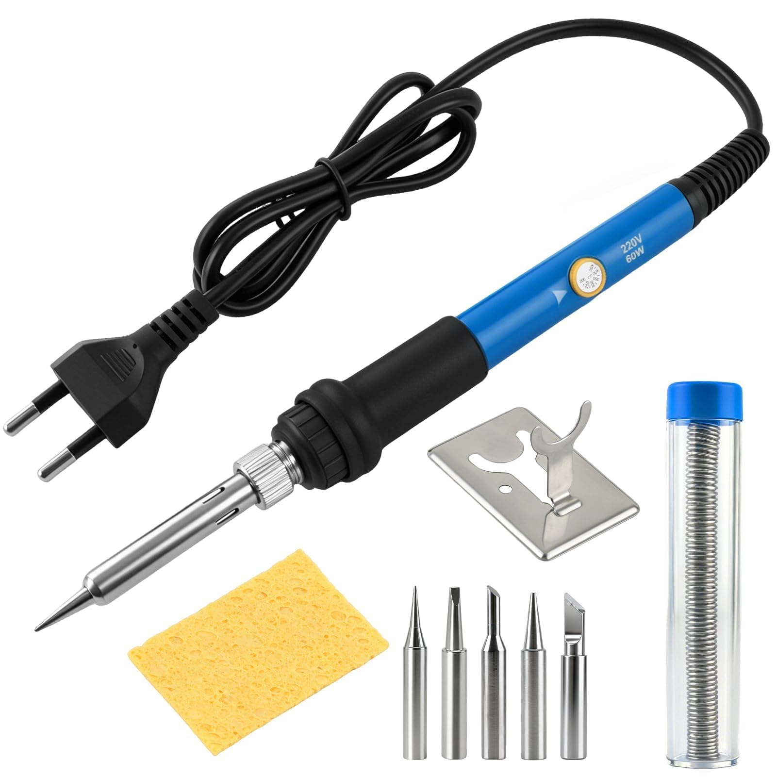 9 Pieces 60W Adjustable Tin Soldering Iron Temperature 6 Levels 392-842°F | Soldering Iron Kit 5 Interchangeable Tips + Holder + Tin + Sponge, Mini Electric Fine Tip for Various Use and Repair