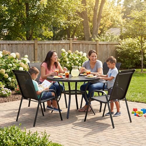Image of VICLLAX Metal Outdoor Dining Table for 4, All Weather 40.7 inch Black Round Patio Table with Adjustable Umbrella Hole for Lawn, Garden, Balcony and Poolsides, Black Tabletop