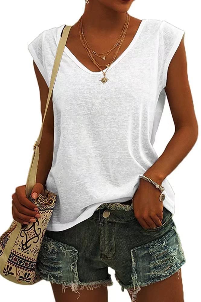 ASKSAWomen V Neck Cap Sleeve T-Shirt Summer Solid Color Tank Top Casual Loose Shirts Basic Tee Tops