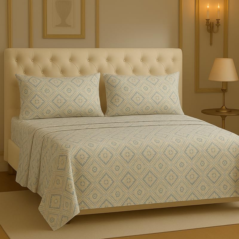 BSB HOME Microfiber Cotton 4 Pcs Bedding Set for King Size Double Bed (78x72 Inches) – 1 Fitted Bedsheet with Elastic + 1 Flat Top Sheet + 2 Pillow Covers | Elegant Prints (Color - Off White Grey)