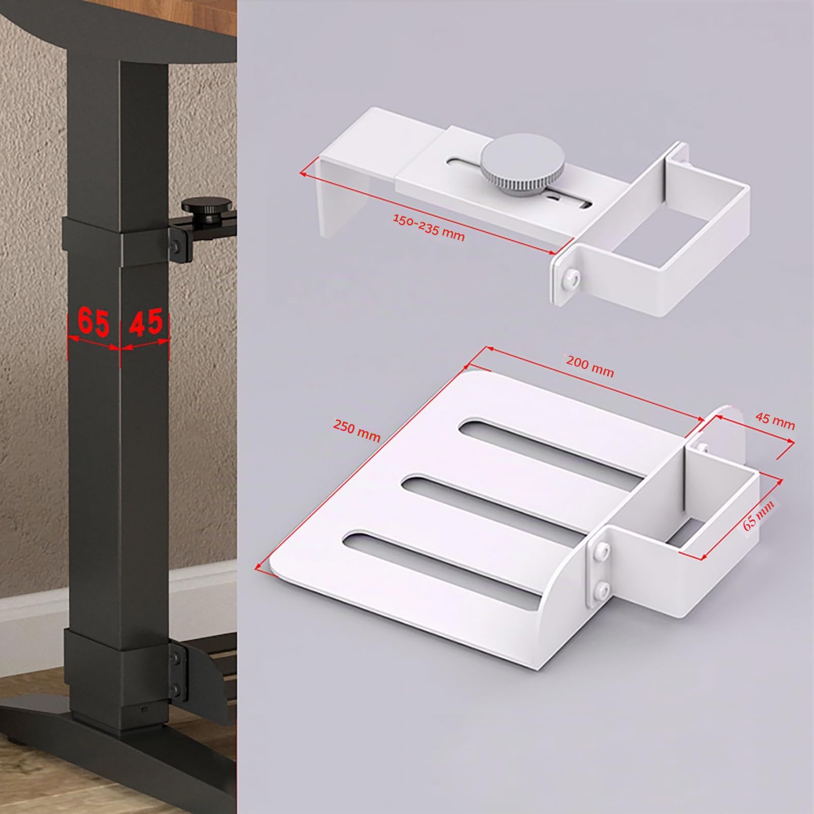 Soporte PC Bajo Escritorio, Instalación sin Taladros, Resistente hasta 18 kg, Ajustable en Altura y Anchura, Soporte Torre PC Bajo Mesa para Escritorios de Pie (Patas de Mesa de 65 x 45 mm) Blanco