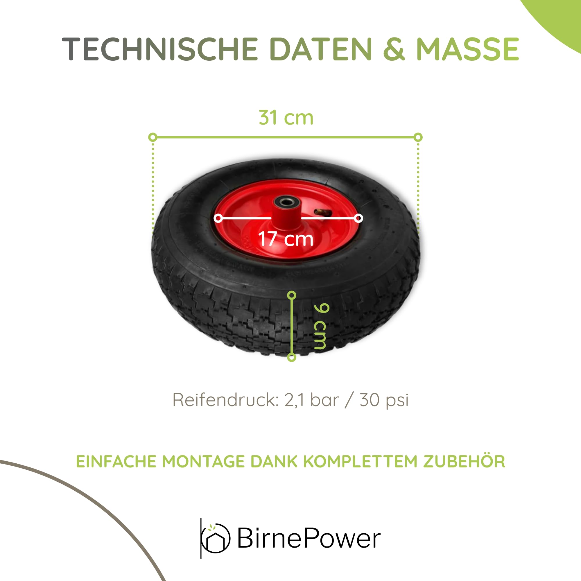 BirnePower Schubkarrenrad Rad Räder Ersatzrad Luftrad Felge rot 4.10/3.50-6 2PR mit Achse Luftbereift