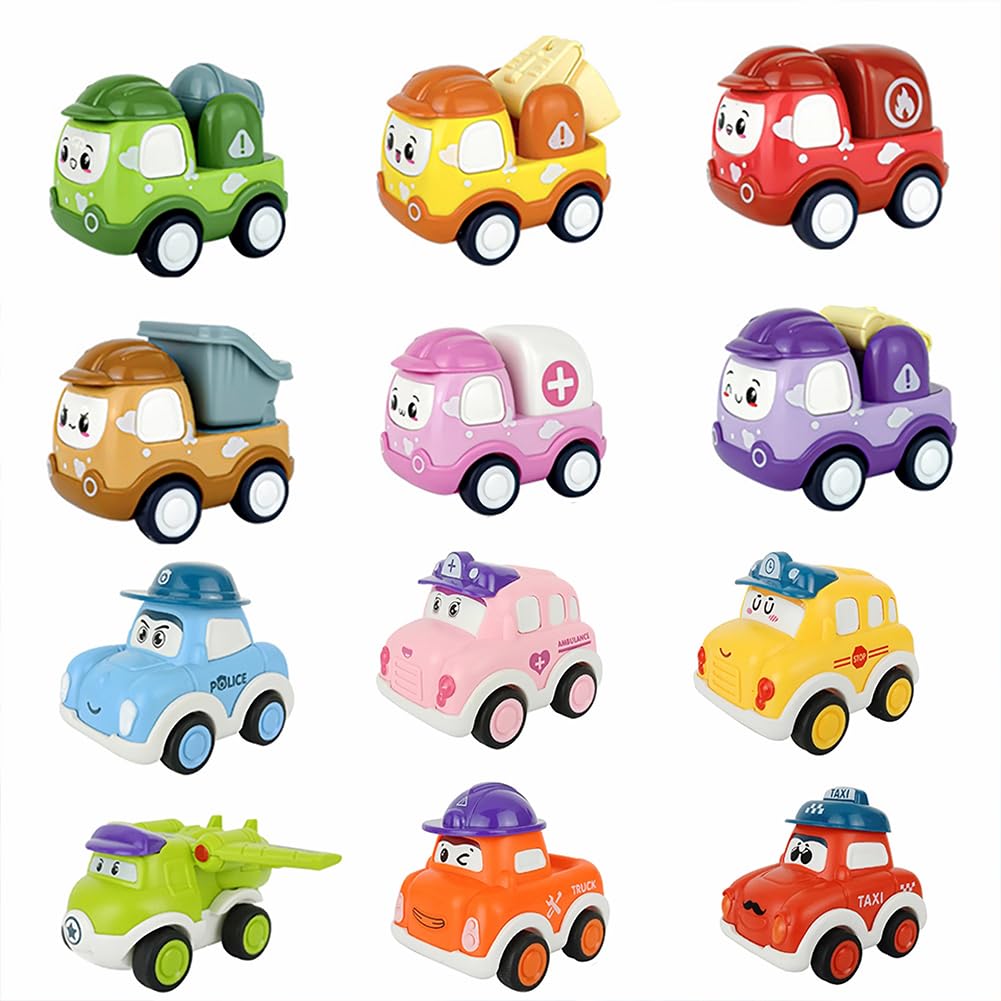 BCEDIGAD Coche De Juguete para Bebé,12 Piezas Coches Bebes 1 Años Mini Vehículos De Construcción Coche De Juguete De Plástico Regalo De Los Niños De 1 2 3 Años Car Cake Topper para Niño Niña