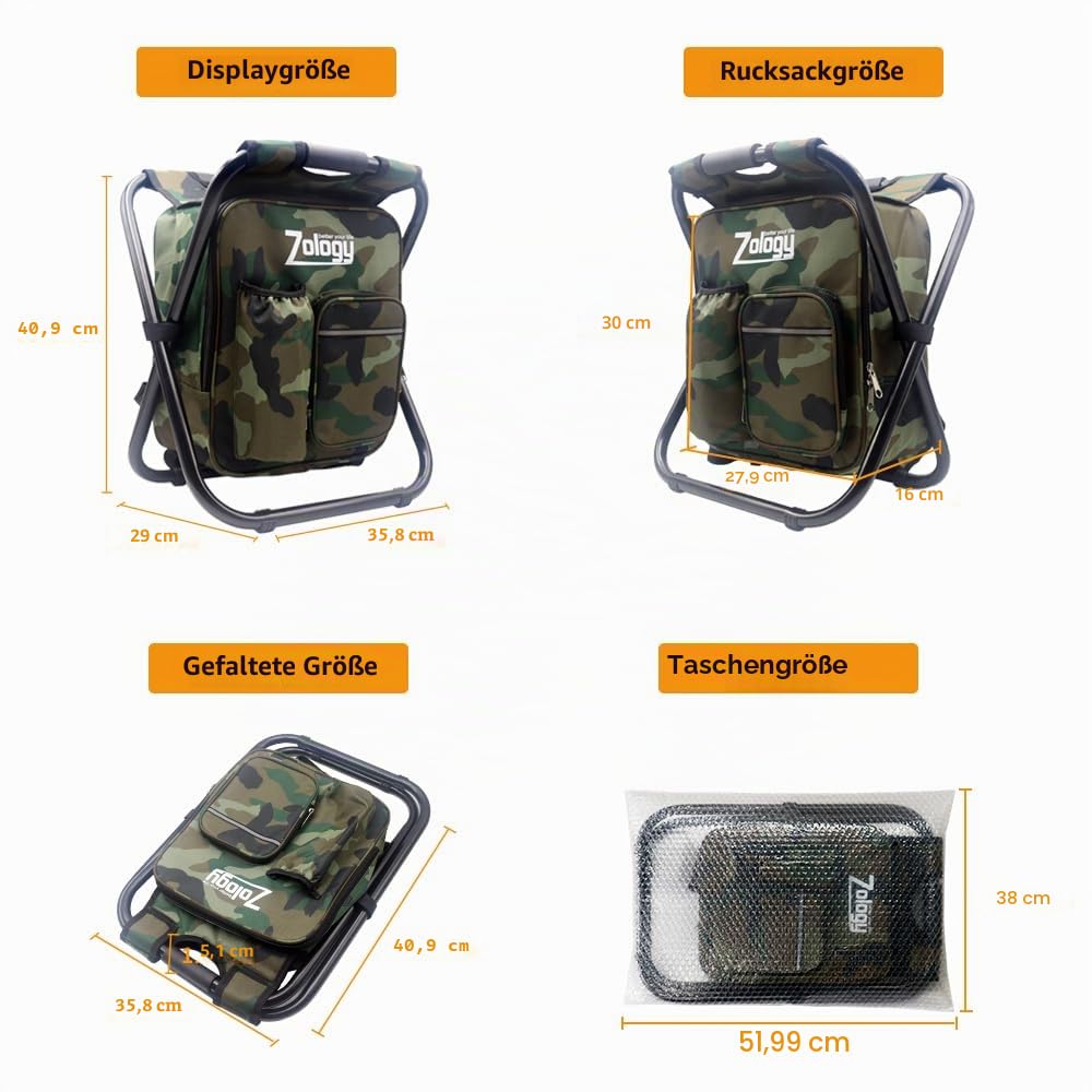 Sitzrucksack Klapp Campingstuhl Hocker Rucksack mit Kühler isolierte Picknick Tasche, Camouflage Portable Wandern Sitz Tisch Tasche für Outdoor Indoor Fishing Travel Beach BBQ
