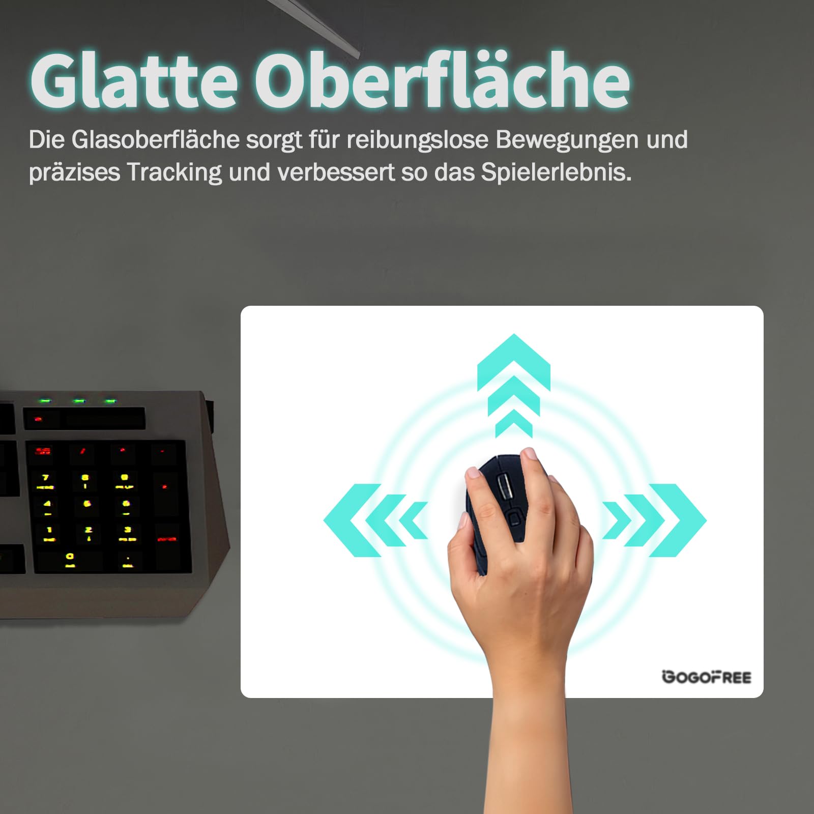 Tappetino per mouse in vetro temperato con superficie dura, finitura ultra latte, tappetino per mouse grande, impermeabile, controllo preciso della velocità per Esports (bianco, 300 × 400 mm)