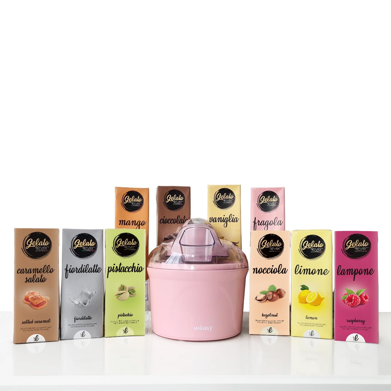 Gelato 4ever – Gelatiera MYA60 con 10 Brick Gelati Inclusi, Macchina Gelato 1 L con Schermo LCD, 10 Gusti assortiti - Pronto in 30-40 Minuti, Starter Pack per Gelati Naturali, 12 W, Made in Italy