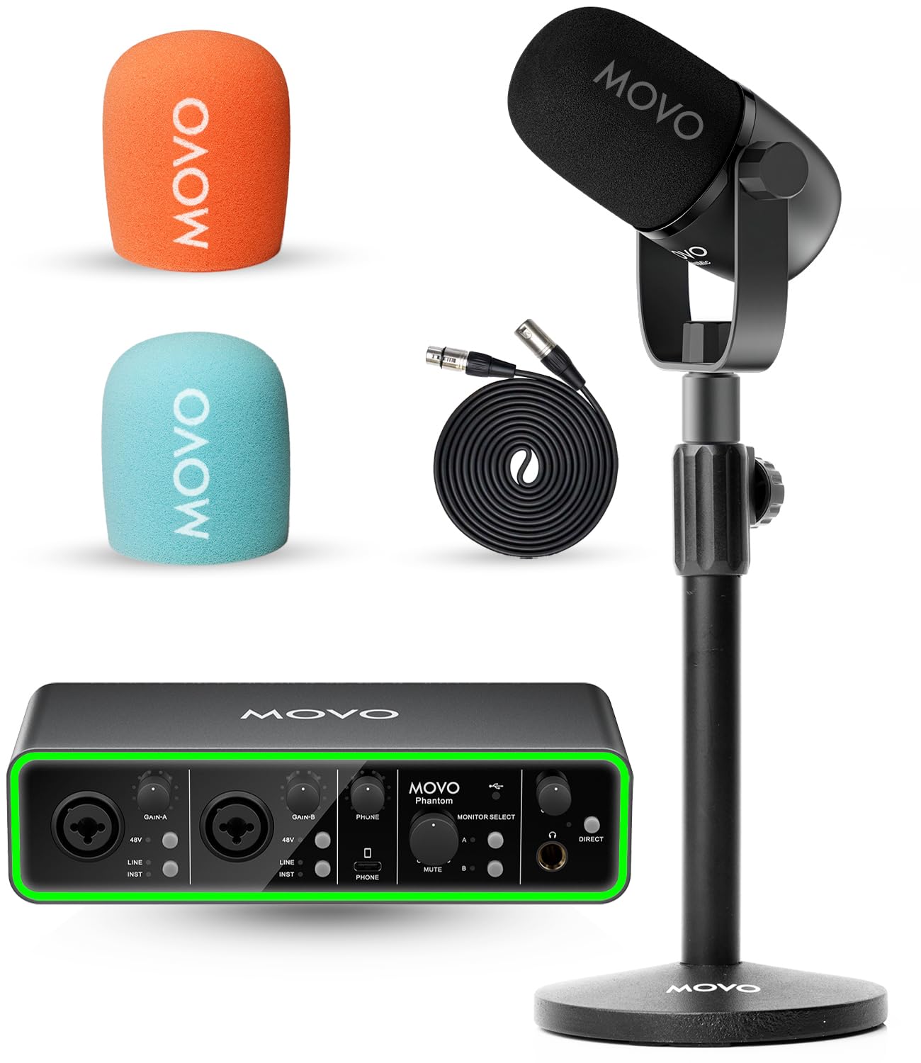 Movo Music Audio Interface Bundle - Phantom USB Audio Interface, CastMic XLR Dynamic Microphone, and Tabletop Stand - Professional Studio Equipment for Musicians, Singers, and Producers