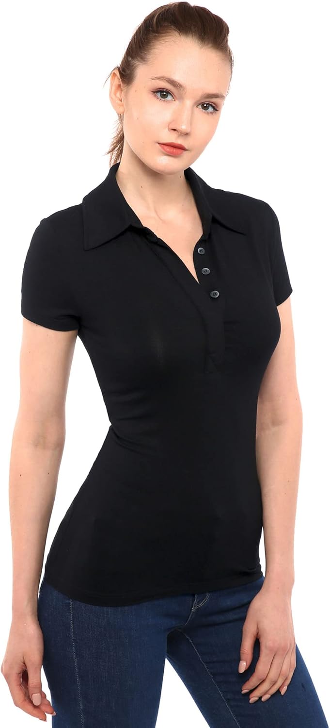 AmélieBoutik Women Collared Hidden Button Short Sleeve Polo Shirt - Image 3