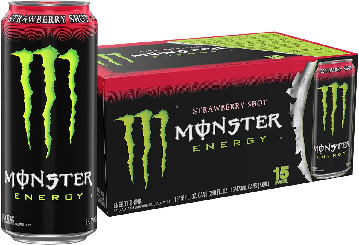 (unknown date expiration )monster energy strawberry shot, green, original, energy drink, 16 ounce (pack of 15)