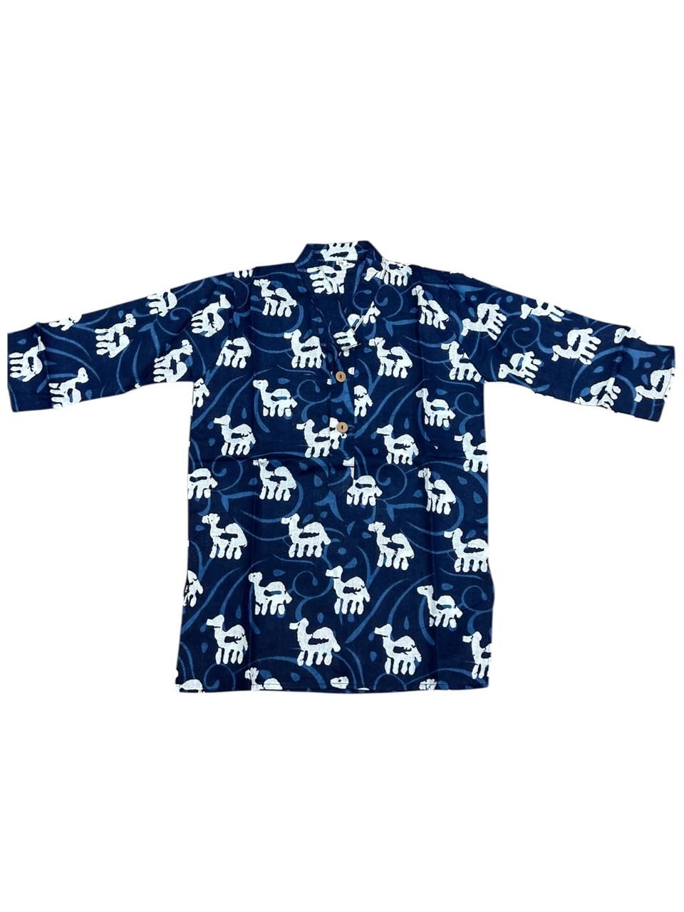 NiAK Boys Traditional Cotton Kurta Pyjama Set, Navy Blue with White Camel Print, 3/4 Sleeve, 2-Piece Ethnic Wear for Kids (4-5 Years) 1