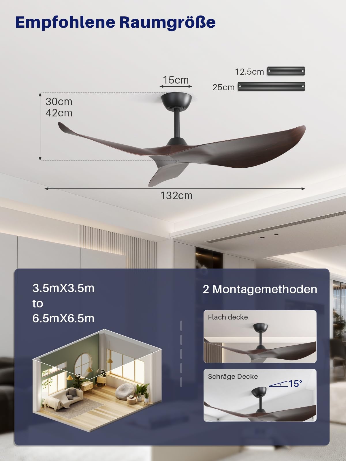 Sofucor Deckenventilator mit Fernbedienung,132cm Leise Deckenventilator ohne Licht, DC Motor, Timer, 3 Flügeln, 6 Geschwindigkeiten, Sommer Winterbetrieb für Schlafzimmer Wohnzimmer