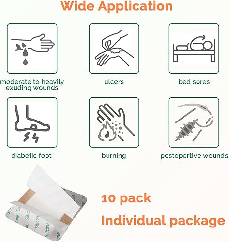 Miniatura 4 de Apósito de espuma de silicona de 3 x 3 pulgadas con borde, 10 paquetes de vendajes adhesivos impermeables para el cuidado de heridas, almohadilla de