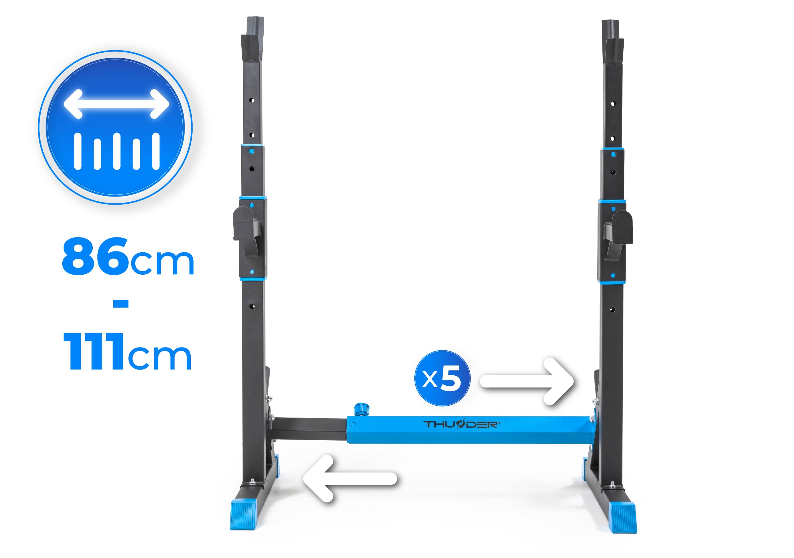 Soporte pesas THUNDER ajustable, con seguros, acero 200 kg, para press banca, sentadillas y fuerza.