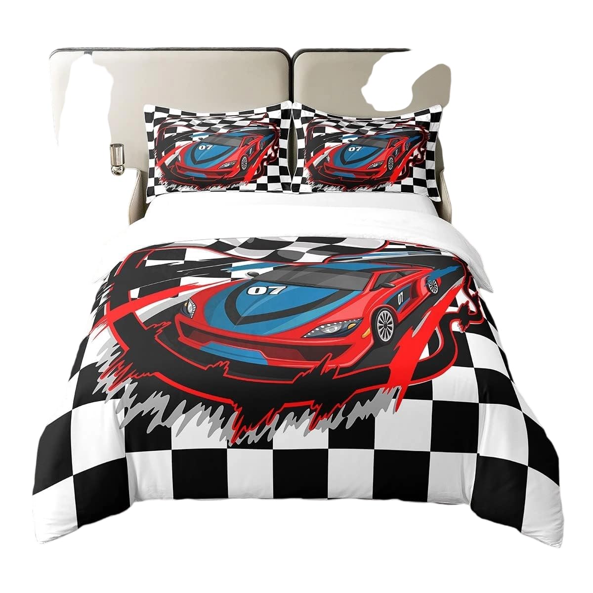 Homewish Blue Red Racing Car King Size Duvet Cover Sets Boys Bedding Set for Kids Teenagers Man Cool Race Sports Car Quilt Cover for Bedroom, Black And White Grid Bedding & Linen — image 1