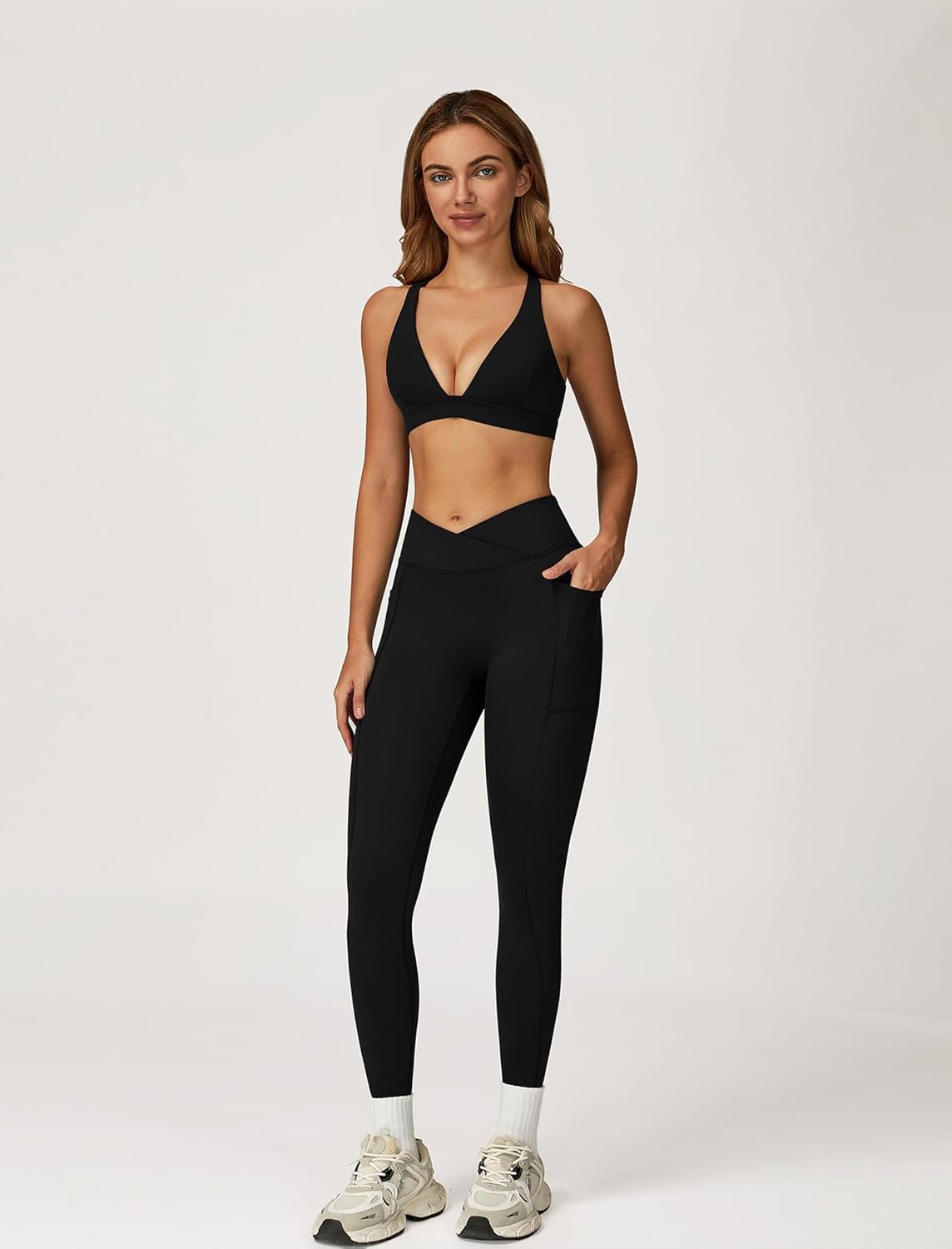 ABOCIW Womens Two Piece Workout Sets Deep V Neck Sports Bra Crossover Leggings with Pockets Gym Yoga Pilates Outfits - Image 3