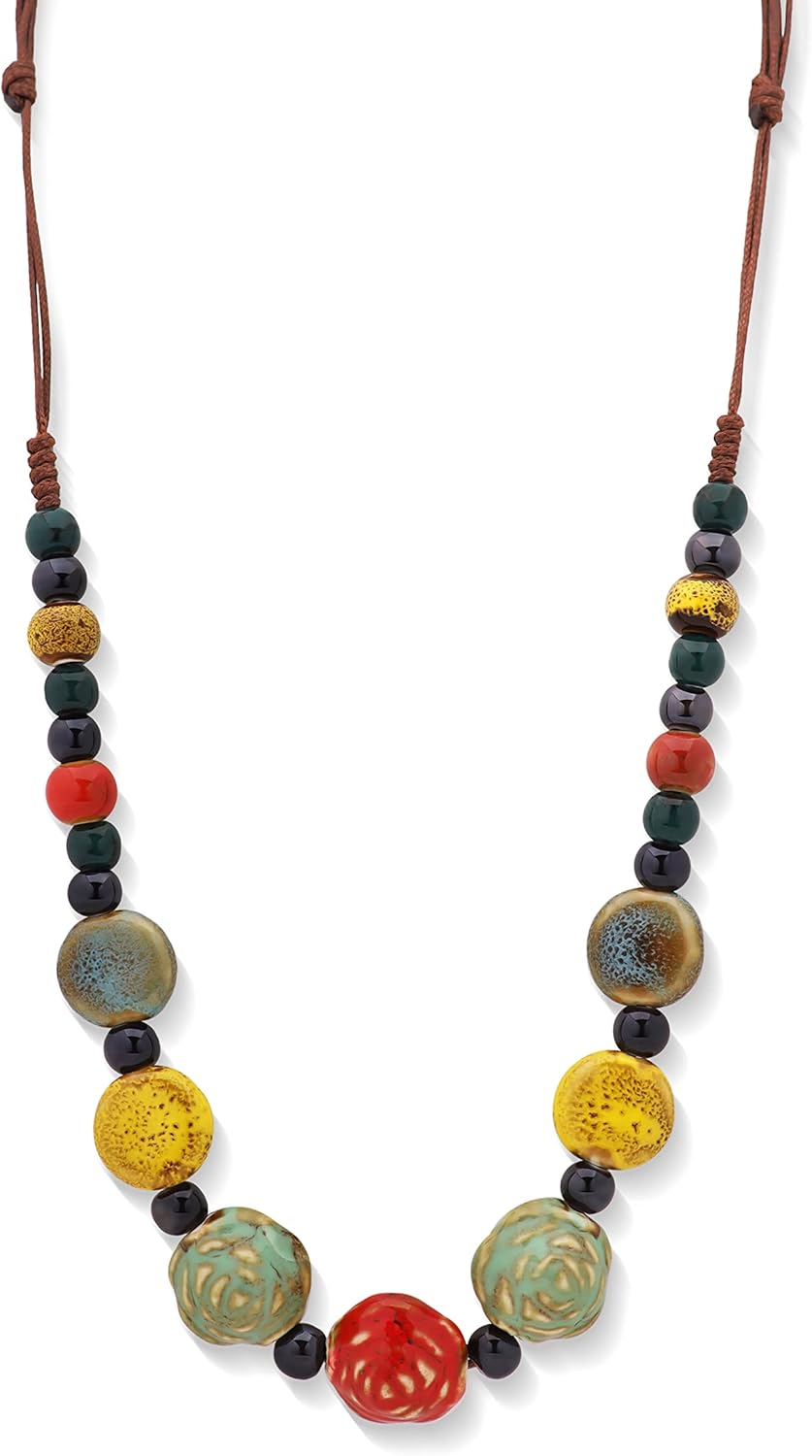 MINACHI Boho Hippie Round Ceramic Beads Strand Necklace, Vintage Bohemian Summer Beach Jewelry Gift for Women