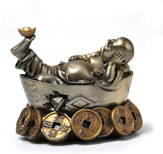 Lachineuse - Lucky Laughing Buddha Statue – Lying Buddha Statue 11 cm Gold and Bronze Colour – Feng Shui Decoration – Chinese Zen Decorative Object for Indoor – Chinese Lucky Charm Gift Idea