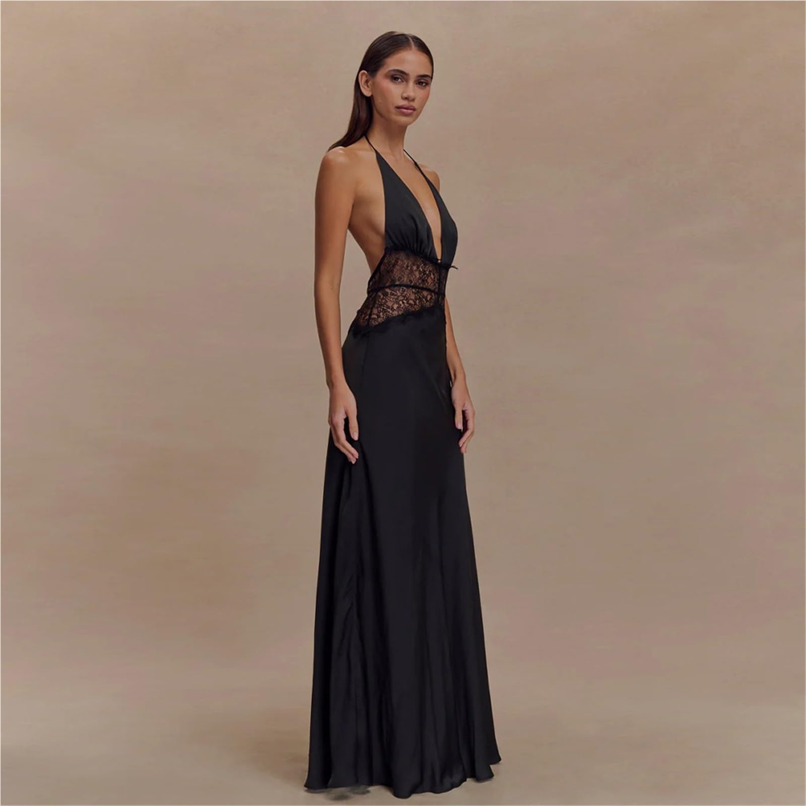 Vestido Largo de satén con Cuello Halter y Encaje for Mujer, Vestido Noche Formal Elegante Escote en V Profundo Espalda Descubierta for Boda, Fiesta graduación