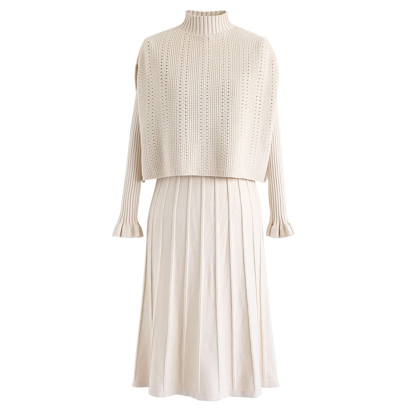 CHICWISHWomen's Cream/Apricot/Black/Teal/Mint Mock Neck Pleated Knit Twinset Dress