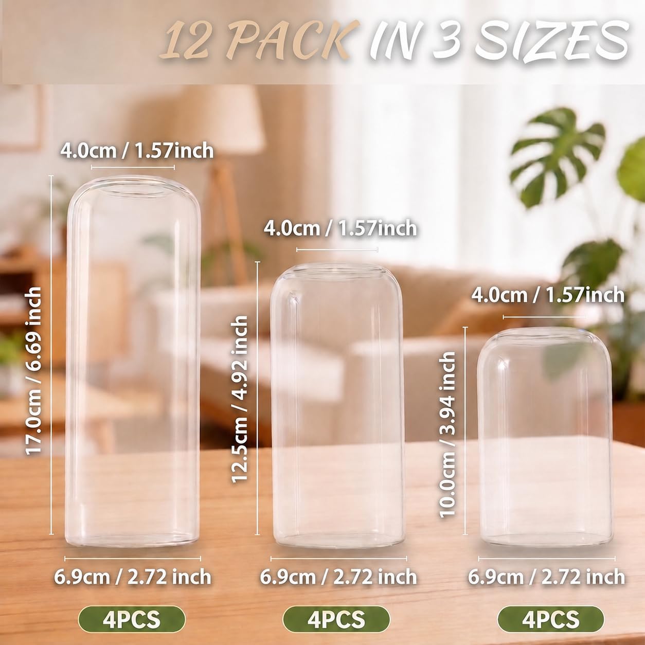 12-częściowy zestaw szklanych wazonów z cylindrem ze zwężoną szyjką, małe szklane wazony do dekoracji stołu, przezroczyste szkło, wazon na kwiaty, wazon stołowy na kwiaty, zielony (10 cm + 12,5 cm +