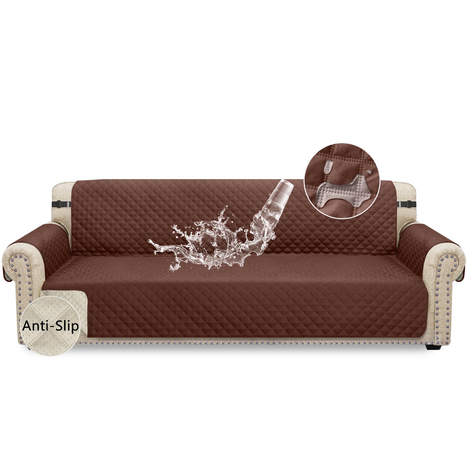 Granbest Waterproof Oversized Sofa Cover 4 Seater Non-Slip Extra Large Sofa Slipcover with Elastic Straps, Washable Sofa Protector for Kids, Pets, Dogs Four Seasons Universal (4 Seater, Chocolate)