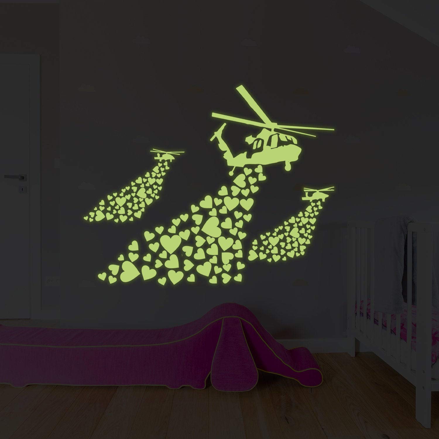 Glow In The Dark Wand Vinyl Sticker Art - Leuchtstoff Neon Nachtleuchtend Licht Aufkleber Kinderzimmer Stick - Banksy Helikopter Hearts Graffiti