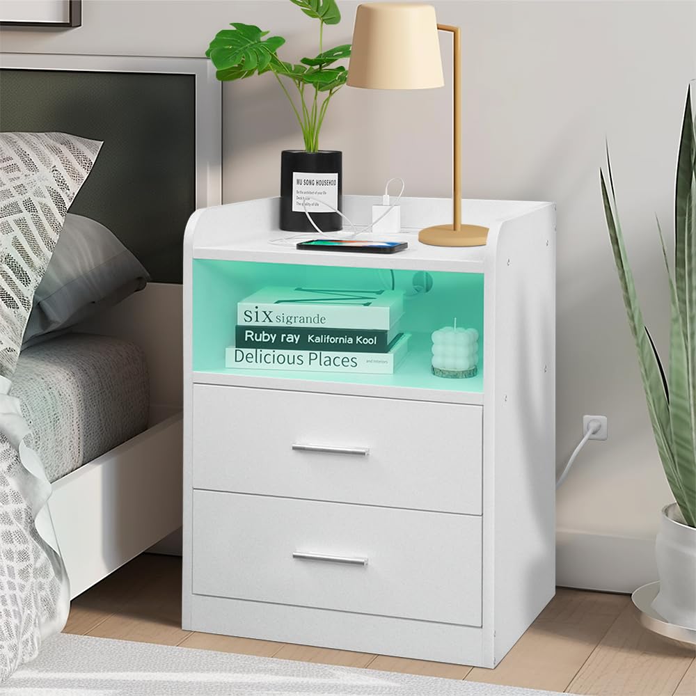 AMOWARE Nightstand with Wireless Charging Station and LED Lights,Bedside Table with 2 Drawers,Modern Minimalist Night Table for Bedroom?Living Room,End Table with Open Storage,White