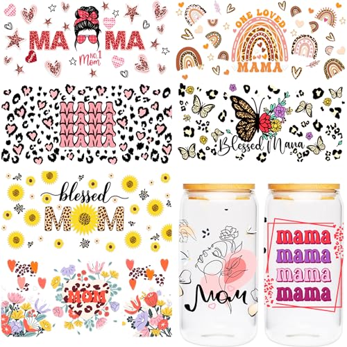 UV DTF Cup Wrap for 16 OZ - 8 Sheets Mama UV DTF Transfer Sticker for Glass, Mom Daily Affirmation, Bohemian Rainbow, Sunflower, Butterflies Style Rub On Transfers, Mom Appreciate Gifts