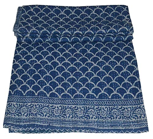 MAVISS HOMES Hand Block Print Kantha Quilt | Queen Size Cotton Vintage Kantha Throw Blanket Bedspread | Super Soft Cozy Vibe Blanket; Blue
