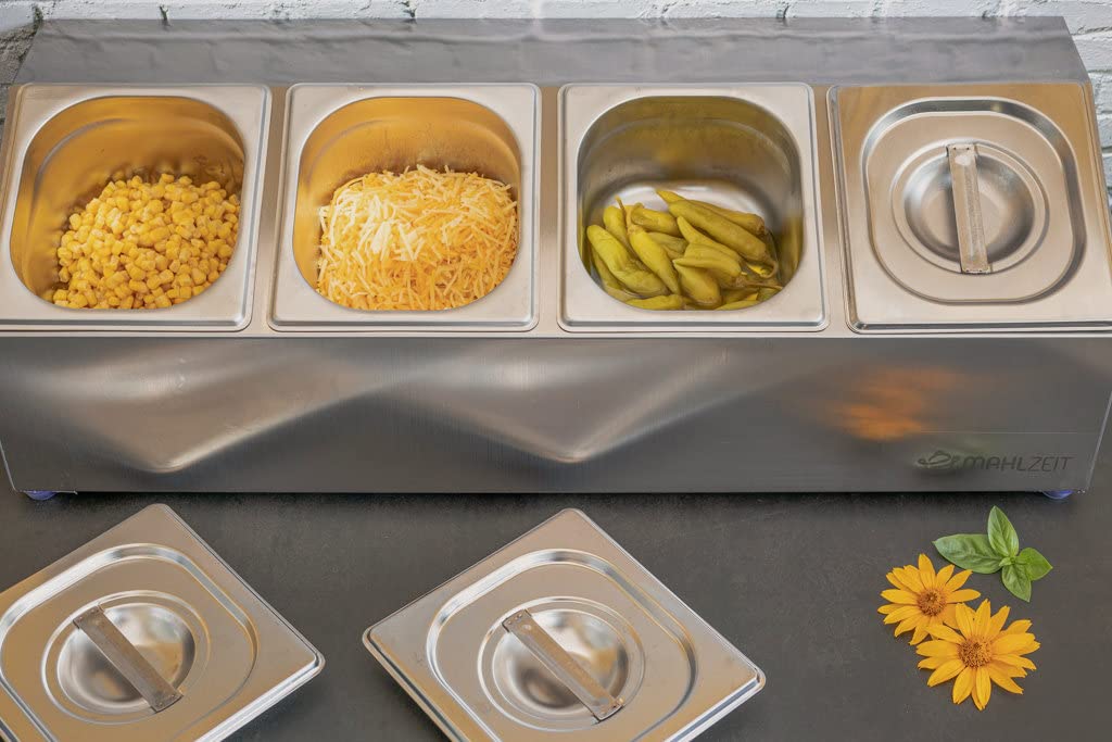 Mahlzeit Contenedor de Ingredientes con Tapa de Acero Inoxidable | 68,5 x 24,5 x 21,5 cm | 4 recipientes GN 1/6 | Para Catering, Gastromía, Cocina, Estación de Pizza, Buffet, Barra de Ensaladas