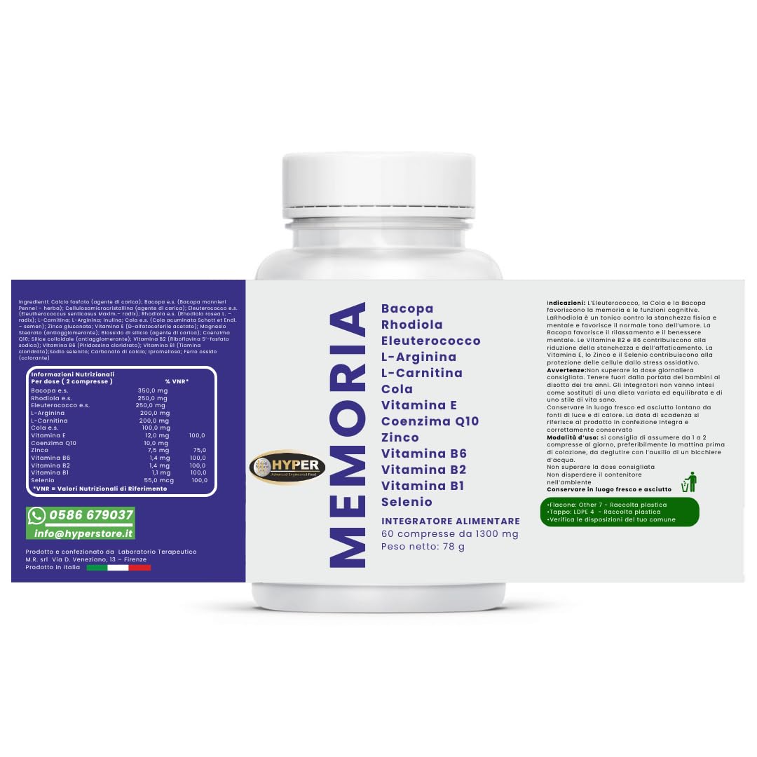 HYPER MEMORIA – Integratore per Concentrazione, Focus e Energia Mentale con Bacopa, Rhodiola, Eleuterococco, L-Arginina, L-Carnitina, Coenzima Q10, Vitamine B1 - B2 - B6 -E, Zinco e Selenio.