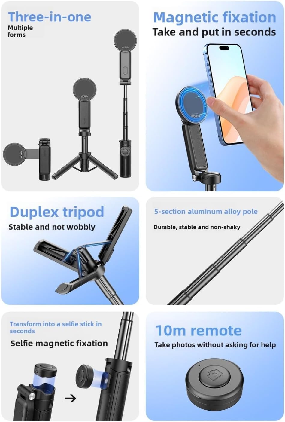 Three-in-one Mini Selfie Stick Magnetic Selfie Mobile Phone Bracket Lightweight Photographic Tripod for Vlog Selfie,Black