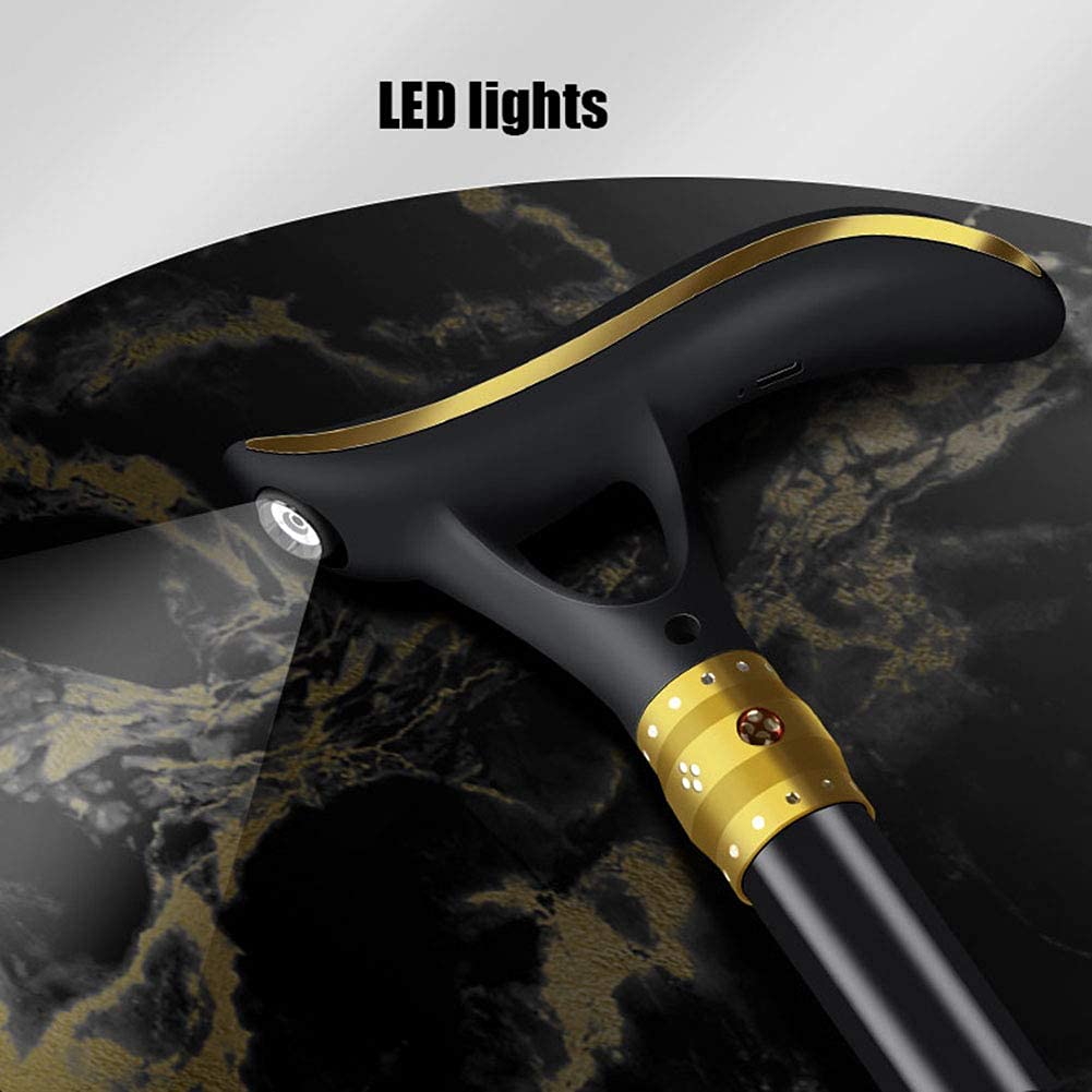 Bastón con luz LED y Alarma, bastón Ligero para Hombres y Mujeres Ajustable Duradero para bastón de Viaje portátil con 2 Bases de Goma Antideslizantes Interesting