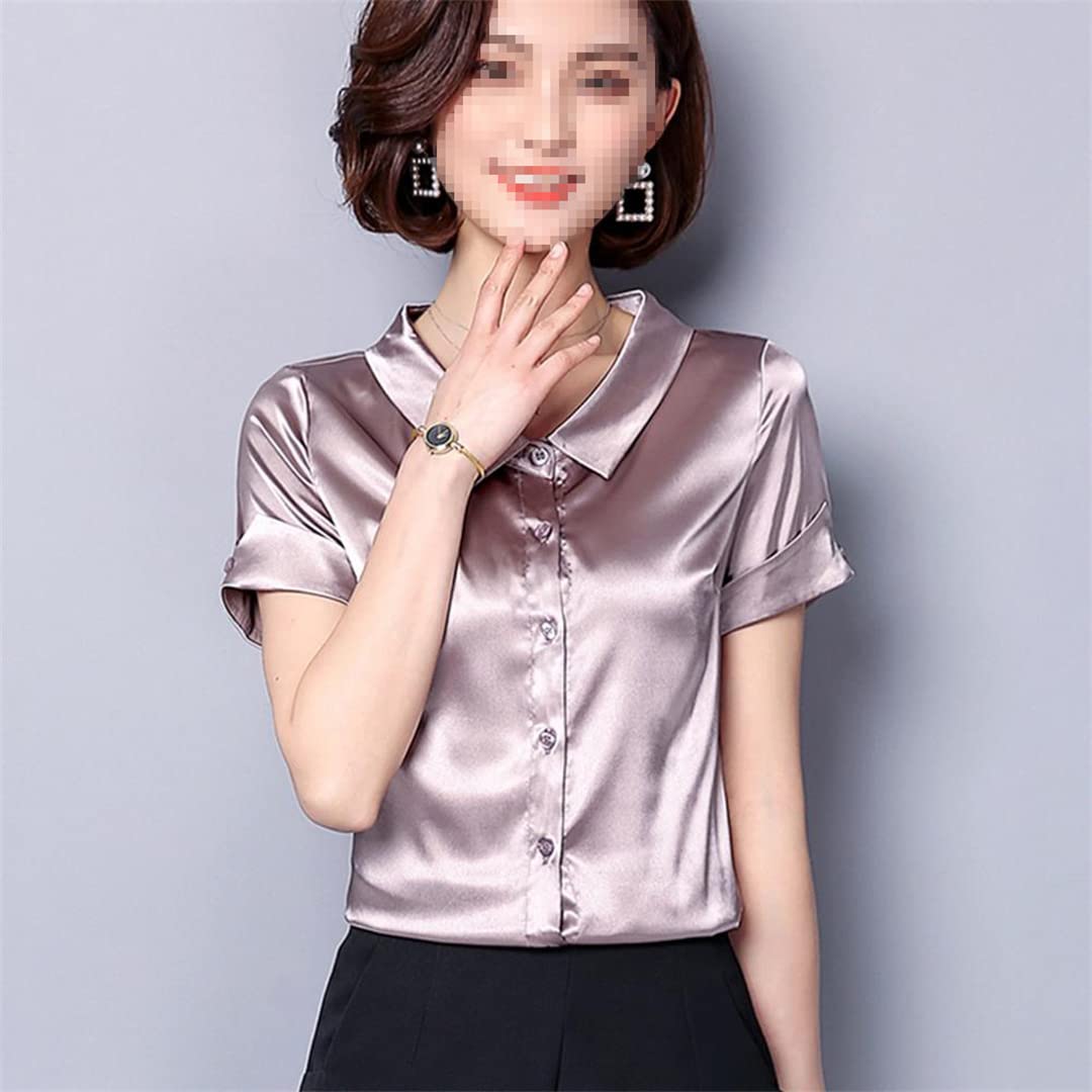 Camisa con Botones para Mujer, Manga Corta, Cuello en V, Blusa de Negocios para el Camisas de Seda Satinada